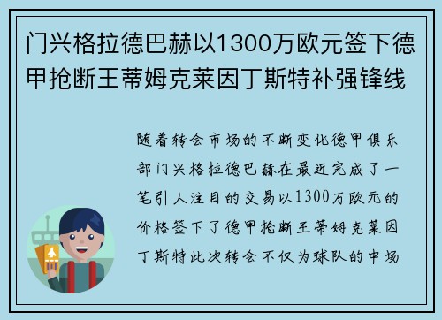 门兴格拉德巴赫以1300万欧元签下德甲抢断王蒂姆克莱因丁斯特补强锋线