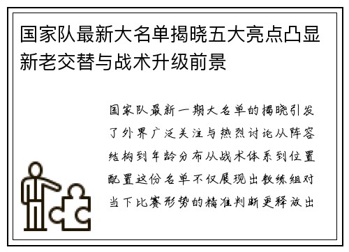 国家队最新大名单揭晓五大亮点凸显新老交替与战术升级前景